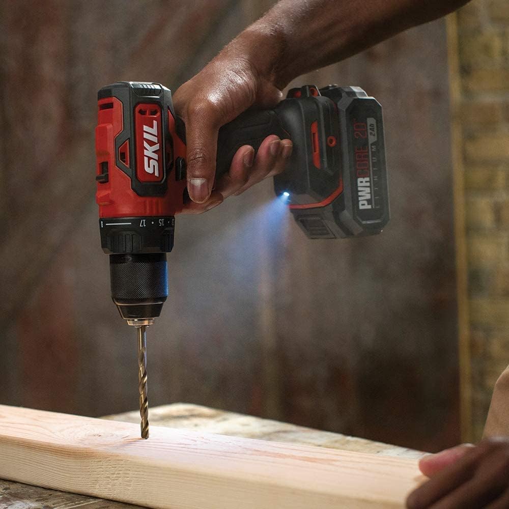 SKIL PWR CORE 20 Brushless 20V Drill Driver & Impact Driver Kit, Includes 2.0Ah Lithium Battery and PWR JUMP Charger - CB743701, Red