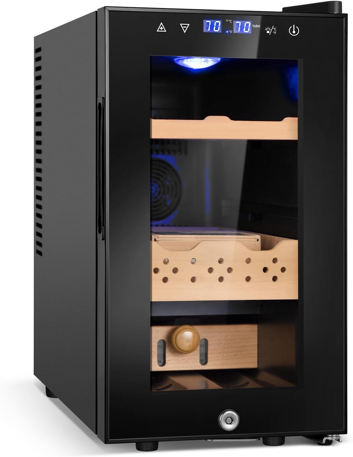 Electric Cooler Cabinet 25L with Temperature and Humidity Control, Spanish Cedar Wood Shelves and Safety Lock (200 Counts Capacity), Gift for Men