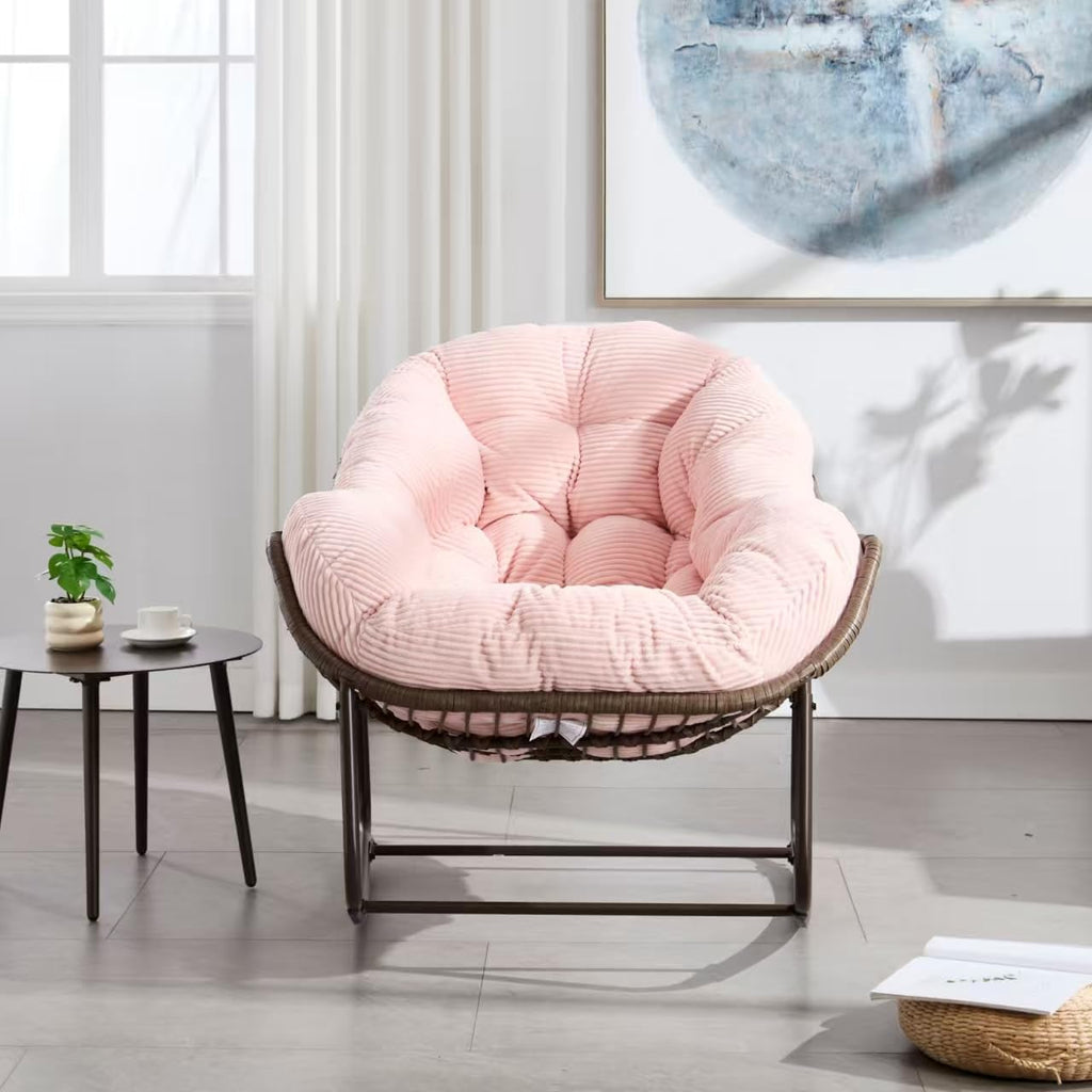 Outdoor Rattan Rocking Chair Oversized Papasan Recliner Lounger, Steel Frame & Thick Corduroy Cushion, Indoor/Outdoor Use for Patio, Porch, Backyard, Garden, Balcony, Pink