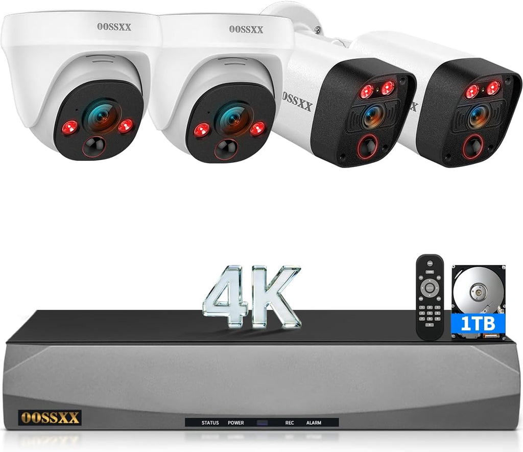 OOSSXX (2026 New) 4K PoE Security Camera System Wired, 8CH NVR with 1TB HDD, 4 x 8MP Cameras (2 Bullet + 2 Dome), 130° Wide Angle, 2-Way Audio, AI Human & PIR Detection, No Monthly Fee