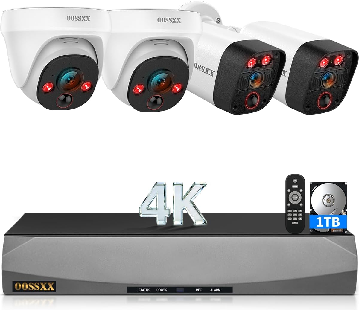 OOSSXX (2026 New) 4K PoE Security Camera System Wired, 8CH NVR with 1TB HDD, 4 x 8MP Cameras (2 Bullet + 2 Dome), 130° Wide Angle, 2-Way Audio, AI Human & PIR Detection, No Monthly Fee