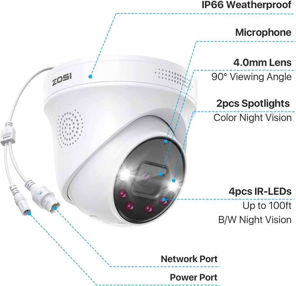 ZOSI 4Pack 5MP PoE Security Cameras with Ethernet Cables, Person Vehicle Detection, Color Night Vision, Sound Light Siren, 2 Way Audio, Weatherproof Outdoor Dome IP Cam Only Work with ZOSI POE NVR