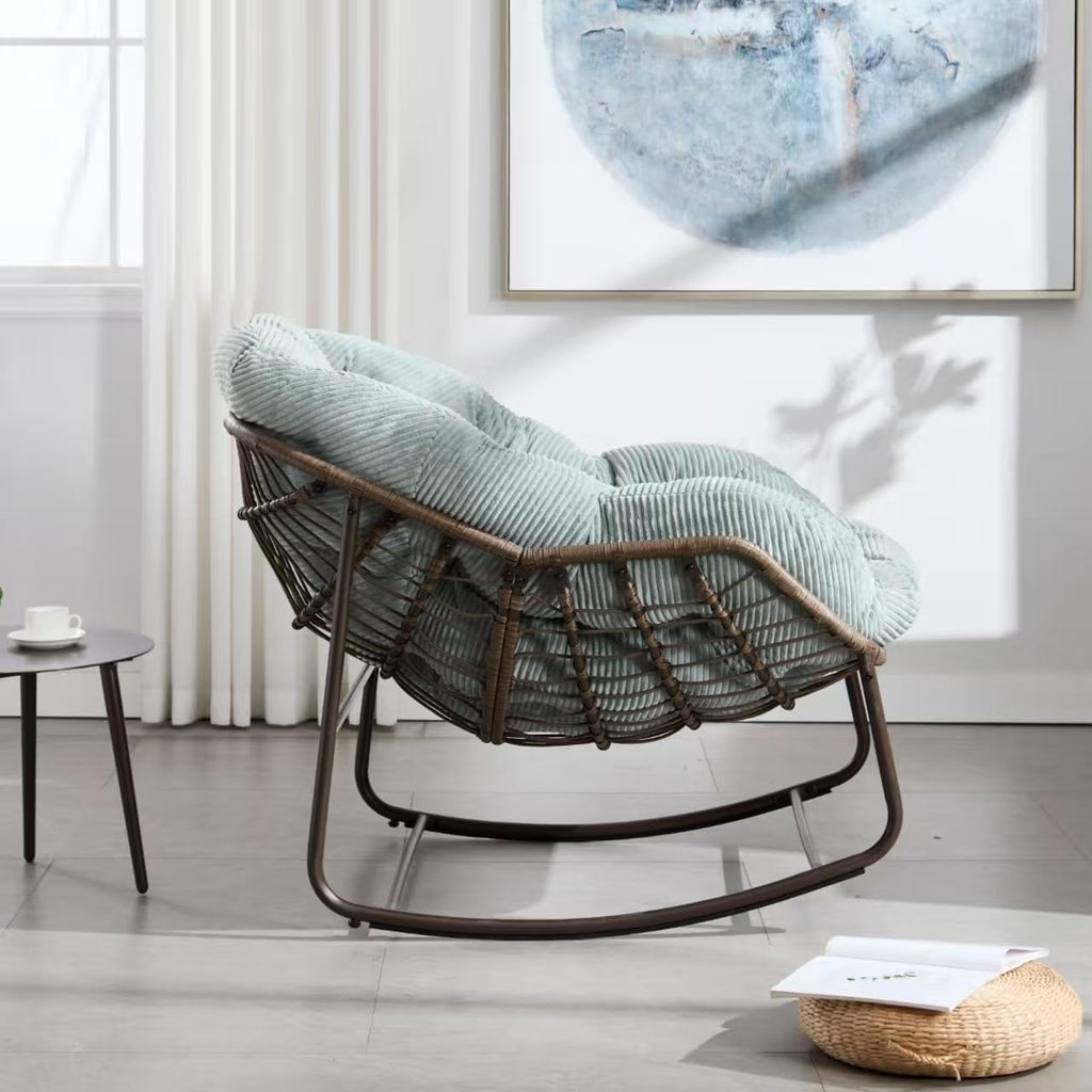Outdoor Rattan Rocking Chair Oversized Papasan Recliner Lounger, Steel Frame & Thick Corduroy Cushion, Indoor/Outdoor Use for Patio, Porch, Backyard, Garden, Balcony, Light Green