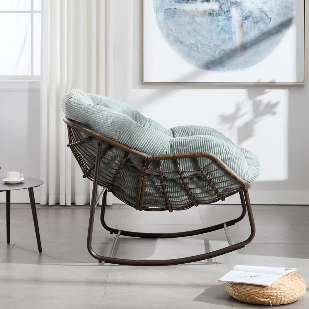 Outdoor Rattan Rocking Chair Oversized Papasan Recliner Lounger, Steel Frame & Thick Corduroy Cushion, Indoor/Outdoor Use for Patio, Porch, Backyard, Garden, Balcony, Light Green
