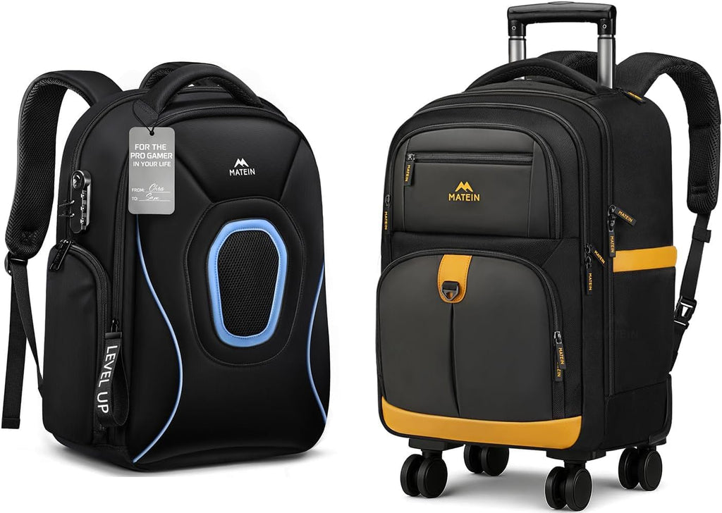 MATEIN Rolling Backpack with 4 Spinner Wheels, Protective Gaming Backpack for Men 17 Inch, Gaming Laptop Bag Set 2pcs Includes Tech Pouch