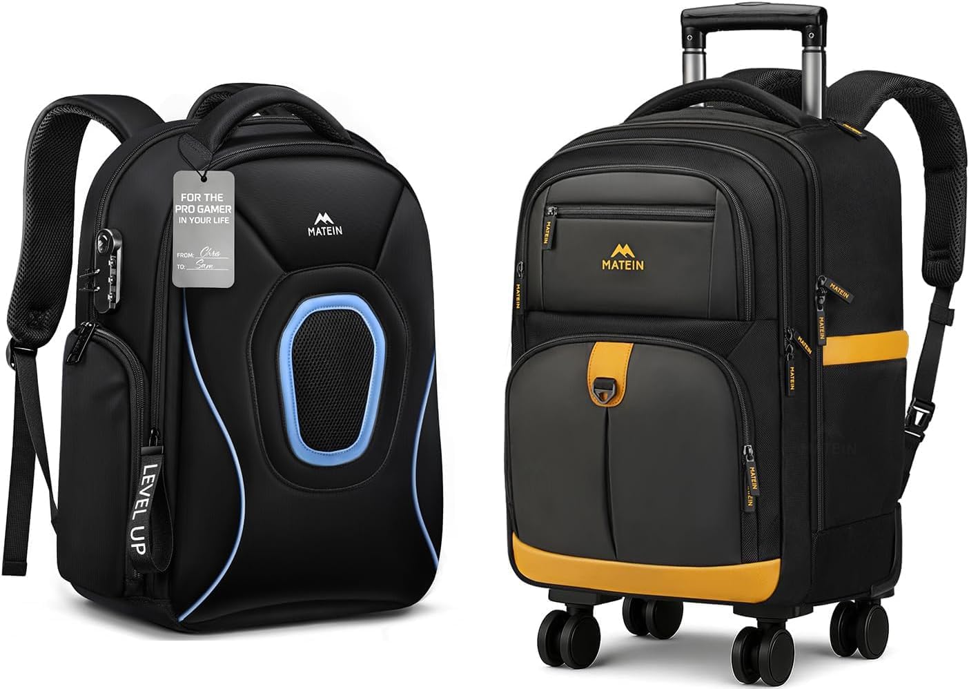 MATEIN Rolling Backpack with 4 Spinner Wheels, Protective Gaming Backpack for Men 17 Inch, Gaming Laptop Bag Set 2pcs Includes Tech Pouch