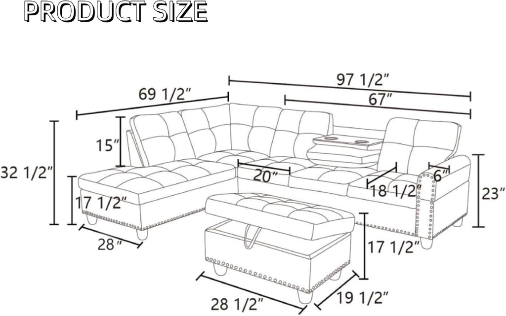 Leather Sectional Sofa with Movable Chaise & Storage Ottoman, 3-Piece Modular Convertible L-Shaped Couches for Living Room, Apartment & Office, Black