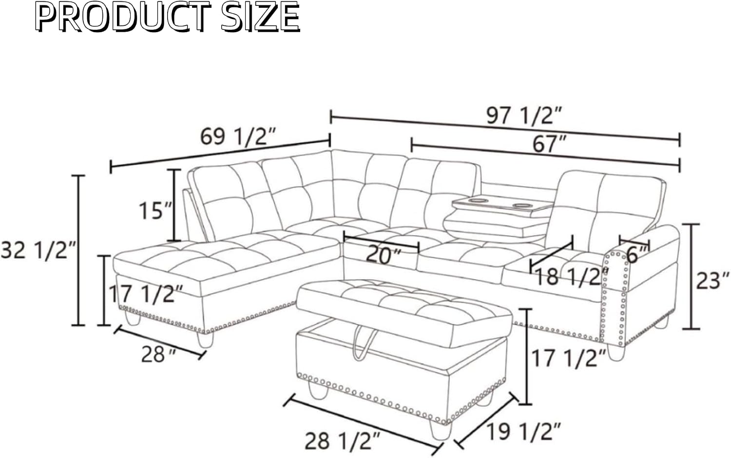 Leather Sectional Sofa with Movable Chaise & Storage Ottoman, 3-Piece Modular Convertible L-Shaped Couches for Living Room, Apartment & Office, Black