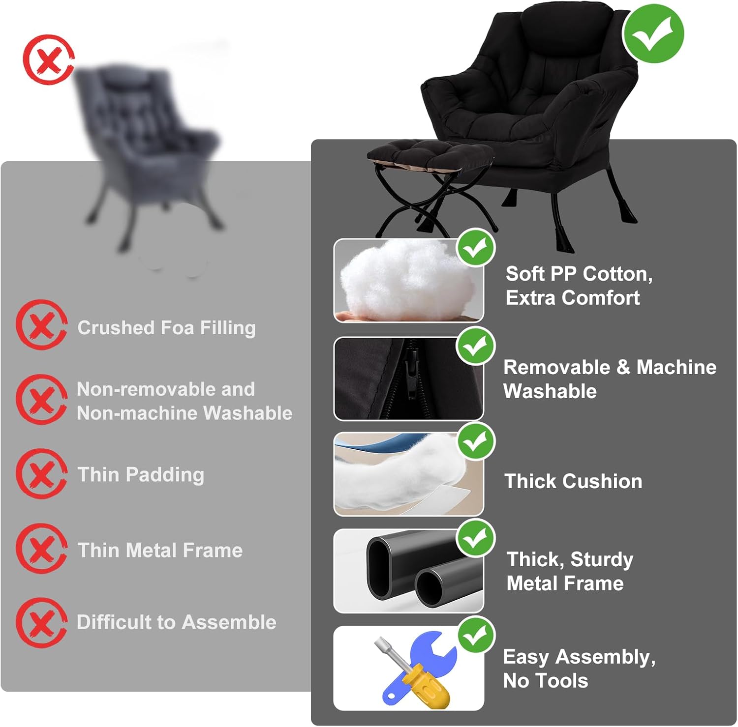 Furlide Lazy Chair with Ottoman, Modern Accent Chair with Armrests and a Side Pocket, Black Accent Chairs, Reading Chairs, Oversized Armchairs for Bedroom, Study, Living Room, Courtyard