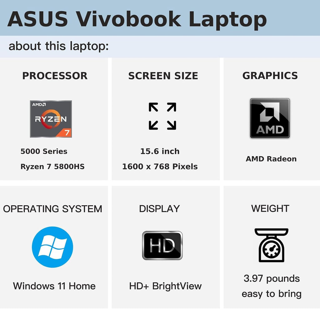 ASUS Vivobook 16 Laptop Computer - 16' HD Display, AMD Ryzen 7 5800HS (Beats i7-1195G7), 16GB RAM, 1TB SSD, AMD Radeon Graphics, WiFi 6, Chiclet Keyboard, USB-A&C, Windows 11 Pro with Laptop Stand
