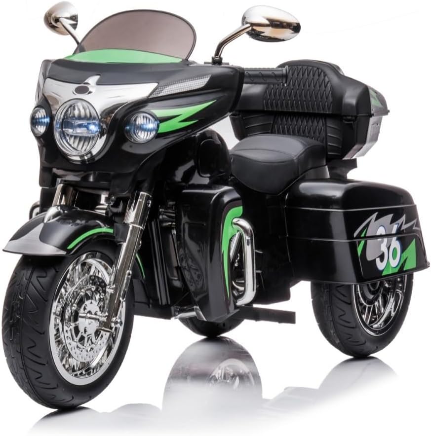 Kids Motorcycle | 12V Electric Motorcycle for Kids Ages 3-8 | 2-Seat, 3-Wheel Toy Car with Bluetooth, LED Lights | Safe Toy Vehicle Gift (Black)