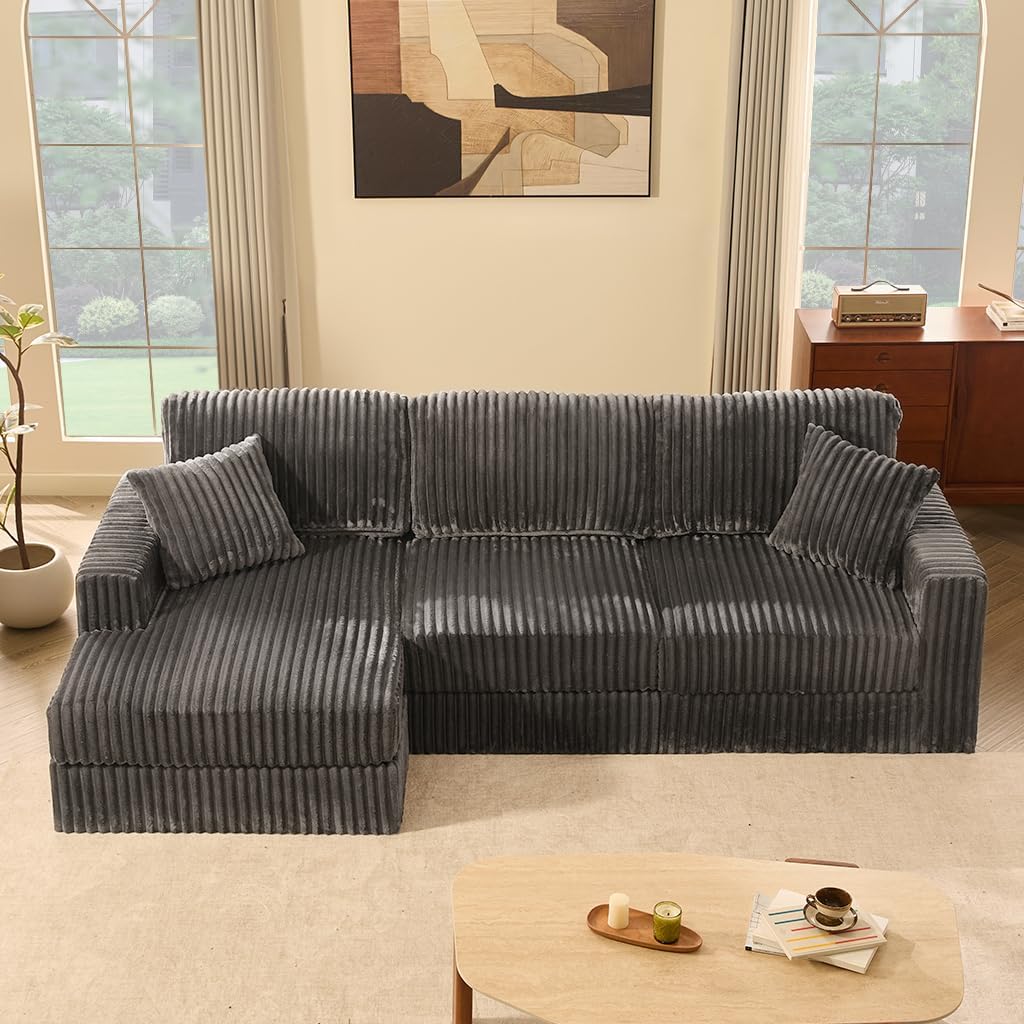 Cloud Couch 113' L-Shaped Couch (Not Boneless), 3-Seater Modular Sectional Couch, Queen Sofa with Corduroy Upholstery, Deep Seats, High Backrest & Pocket Spring Cushions, Left Facing Chaise, Grey