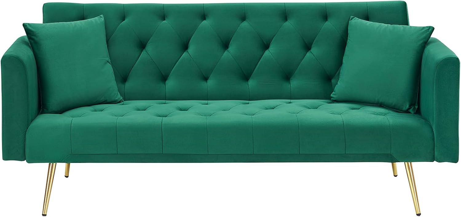 71' Modern Velvet Sofa Bed Futon, Convertible Sleeper Couch with Adjustable Backrest, Tufted Recliner Loveseat with Golden Chrome Legs & 2 Pillows for Small Spaces, Living Room, Apartment (Green)