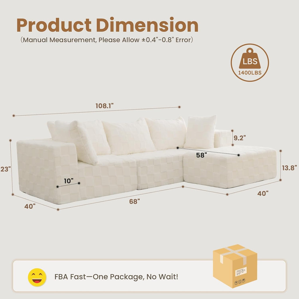 Modular Sectional Sofa, 108' L-Shaped Boneless Couch with Deep Seat, Corduroy Cloud Couch for Living Room, Bedroom, No Assembly Required, Ship in a Box, Checkered Beige