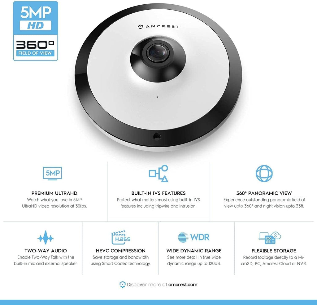 Amcrest Fisheye IP POE Camera, 360° Panoramic 5-Megapixel POE IP Camera, Fish Eye Security Indoor Camera, IVS Features and People Counting, MicroSD Recording, IP5M-F1180EW-V2 (White)
