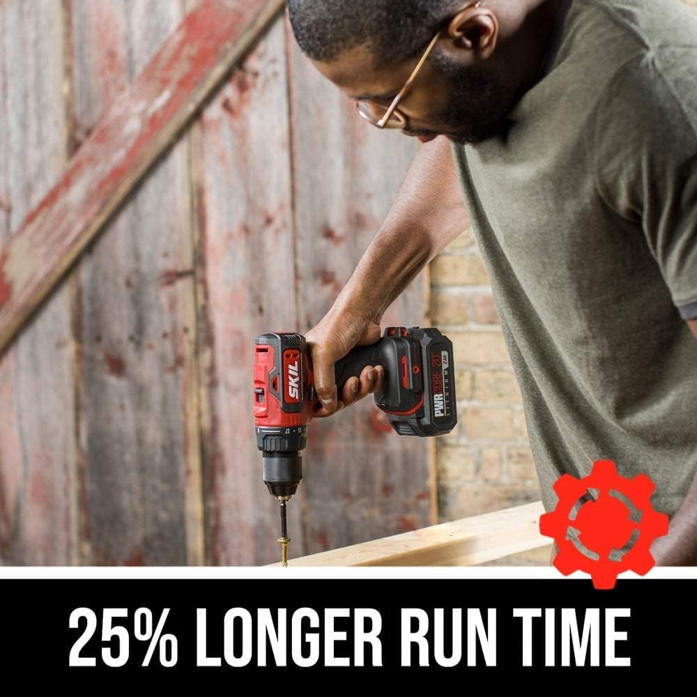 SKIL PWR CORE 20 Brushless 20V Drill Driver & Impact Driver Kit, Includes 2.0Ah Lithium Battery and PWR JUMP Charger - CB743701, Red