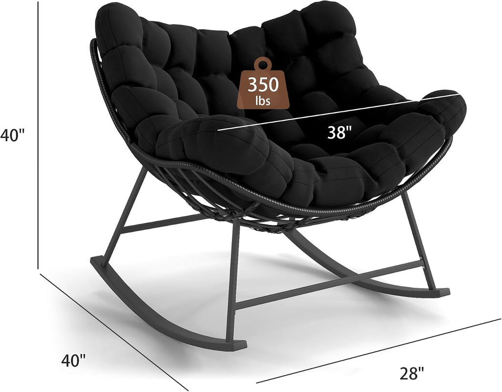 Oversized Wicker Papasan Rocking Chair Set of 2, Indoor Outdoor Egg Chair Rocker, Comfy Patio Recliner with Modern Egg Style, Black