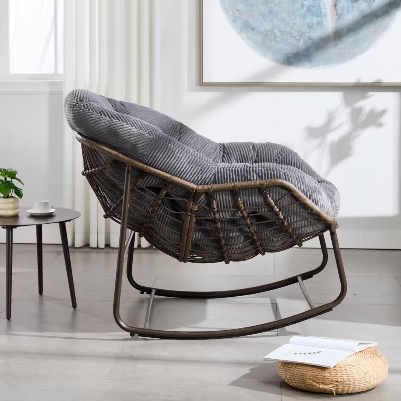 Oversized Indoor Outdoor Rocking Papasan Chair, Rattan Wicker Egg Rocking Chair with Steel Frame & Thick Corduroy Cushion, Comfy Recliner Lounger for Patio, Backyard, Balcony, Garden, Grey