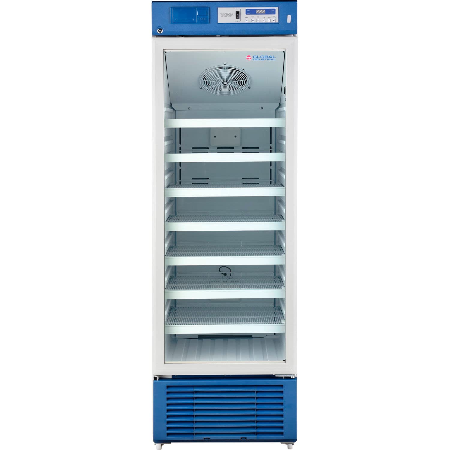 Global Industrial Upright Laboratory Refrigerator, Glass Door with Key Lock & Padlock Kit, 13.8 Cu.Ft. Capacity, 2°C to 8°C Temperature Range, 115V, Medical and Lab Use