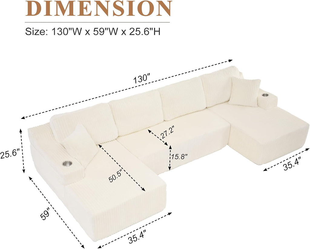 130' Modular Sectional Sleeper Sofa, Modern Cloud Sectional Sofa Couch with Cupholders and Storage, U Shape Boneless Couches for Living Room, Free Combination, No Assembly Required,Beige