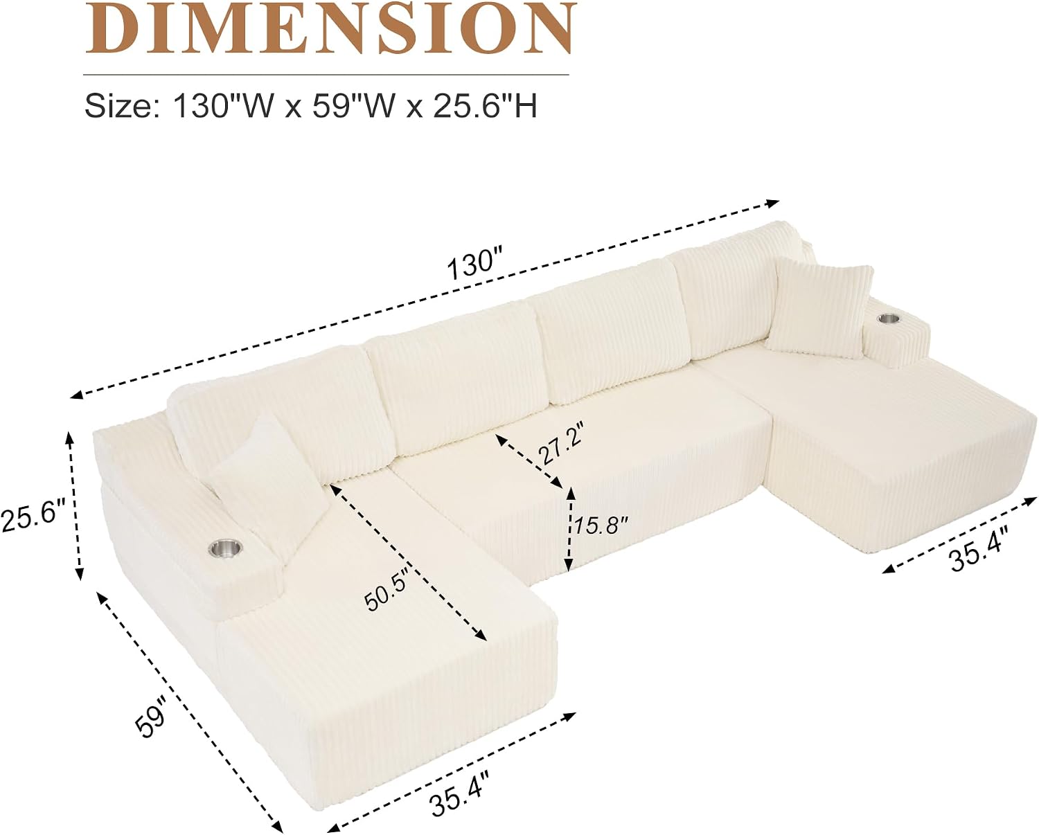 130' Modular Sectional Sleeper Sofa, Modern Cloud Sectional Sofa Couch with Cupholders and Storage, U Shape Boneless Couches for Living Room, Free Combination, No Assembly Required,Beige