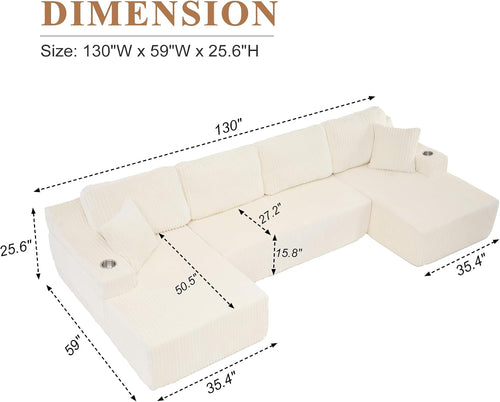 130' Modular Sectional Sleeper Sofa, Modern Cloud Sectional Sofa Couch with Cupholders and Storage, U Shape Boneless Couches for Living Room, Free Combination, No Assembly Required,Beige