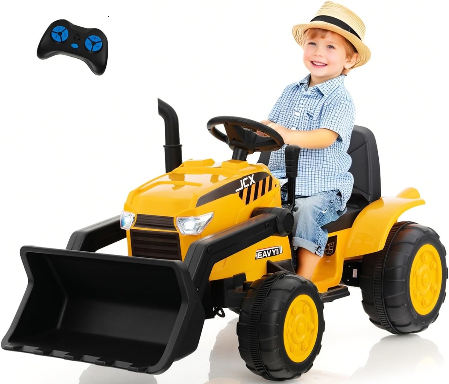 OLAKIDS Kids Ride on Car, 12V Electric Excavator Vehicle Construction Truck with Remote Control, Adjustable Bucket, Toddlers Battery Powered Bulldozer Tractor with 2 Speeds, Music, Citrine