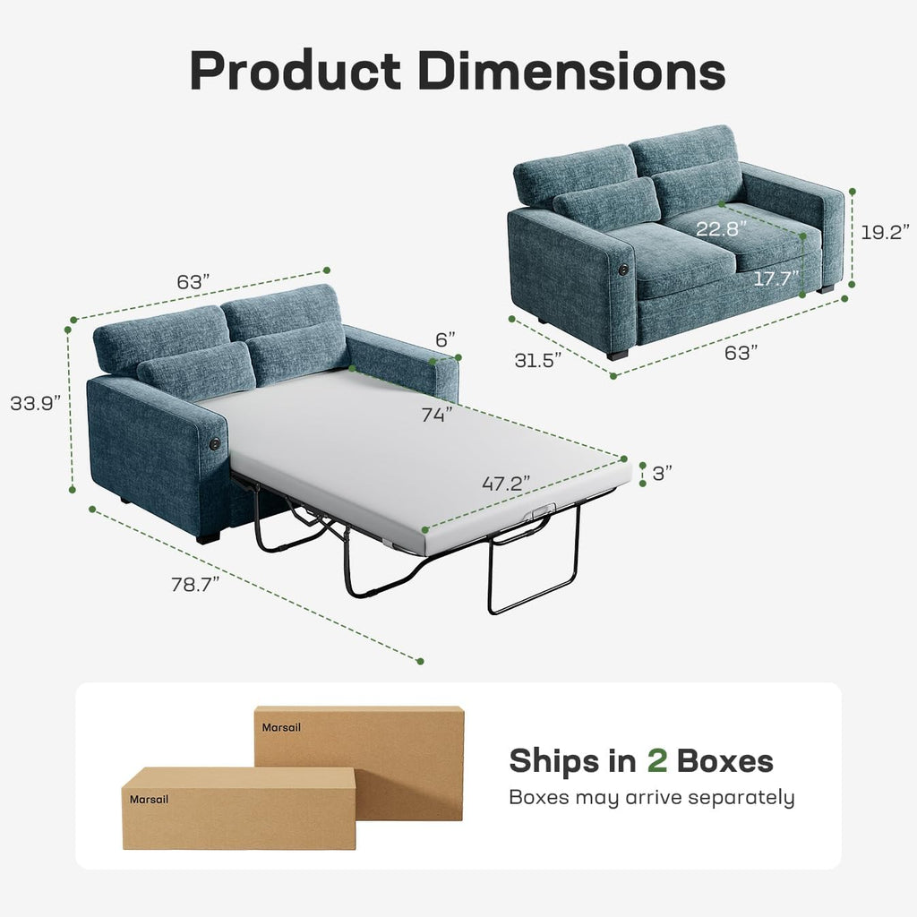 Marsail Pull Out Sofa Bed, Queen Size Sleeper Sofa with Memory Foam Mattress, 2 USB Charging and Removable Covers, Loveseat for Living Room, Apartment, Supports 600 LBS, Chenille Fabric, Blue