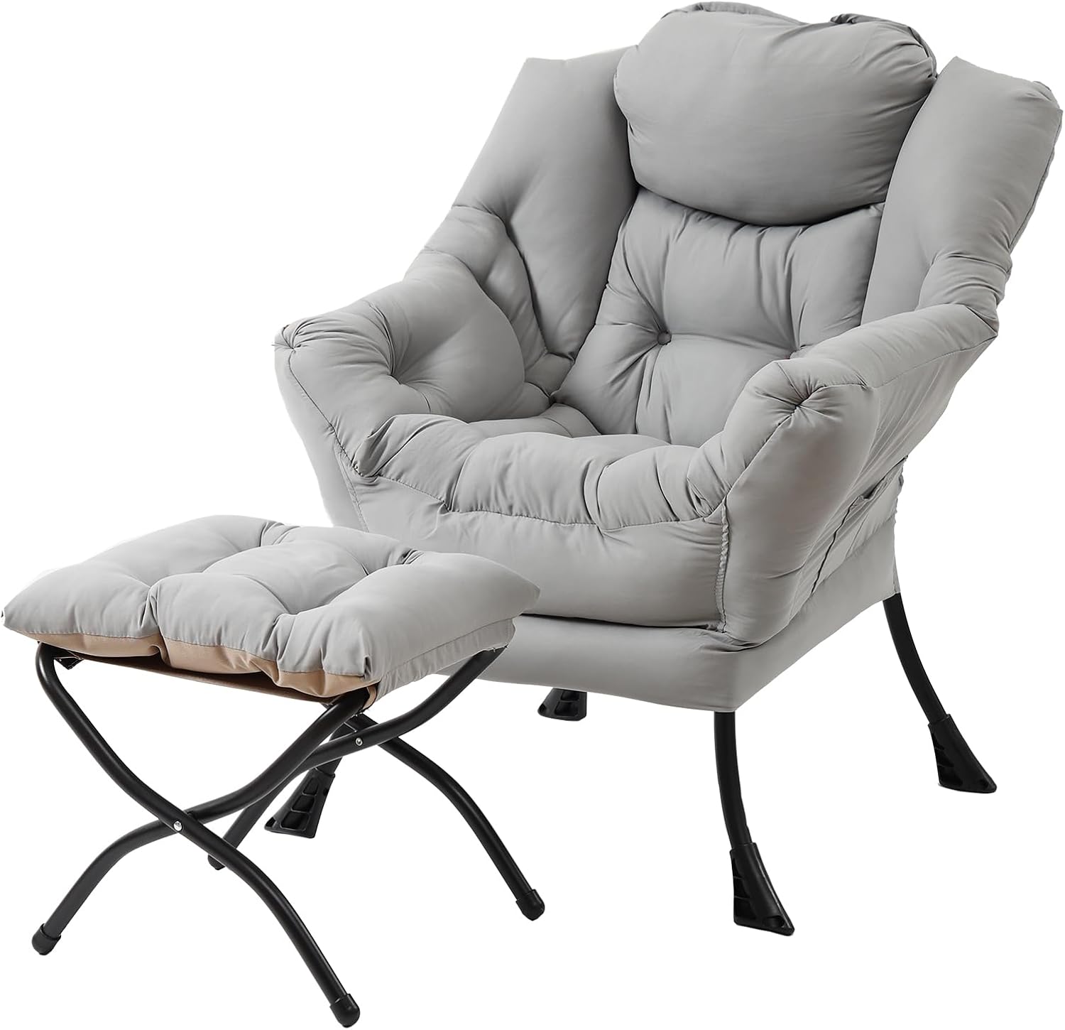 MBOOYOME Lazy Chair with Folding Ottoman, Modern Accent Lounge Armchair with Armrests and a Side Pocket & Foldable Footstool, Leisure Reading Chair for Living Room, Bedroom, Dorm & Office, Light Grey