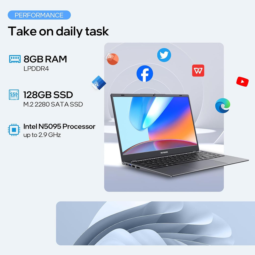 14 Inch Laptop Computer, 8GB RAM Laptop 128GB SSD, Quad-Core N5095 Processor, Win 11 Pro Laptop with HD Display, 2.4G/5G WiFi, Webcam, BT