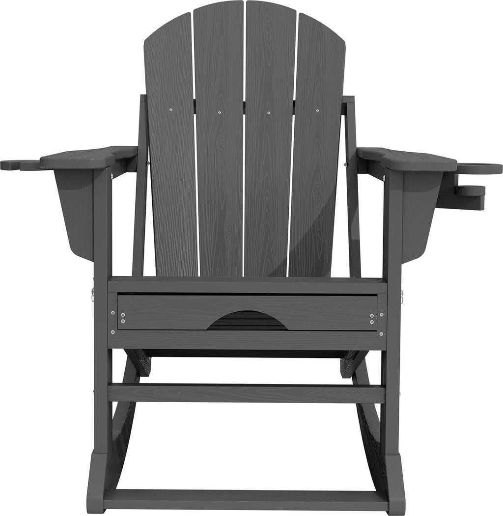 KINGYES Adirondack Rocking Chair Set of 4 with Retractable Ottoman and Cup Holders, HDPE Adirondack Rocker Patio Rocking Chair for Porch, Patio, Balcony, Leaden Grey