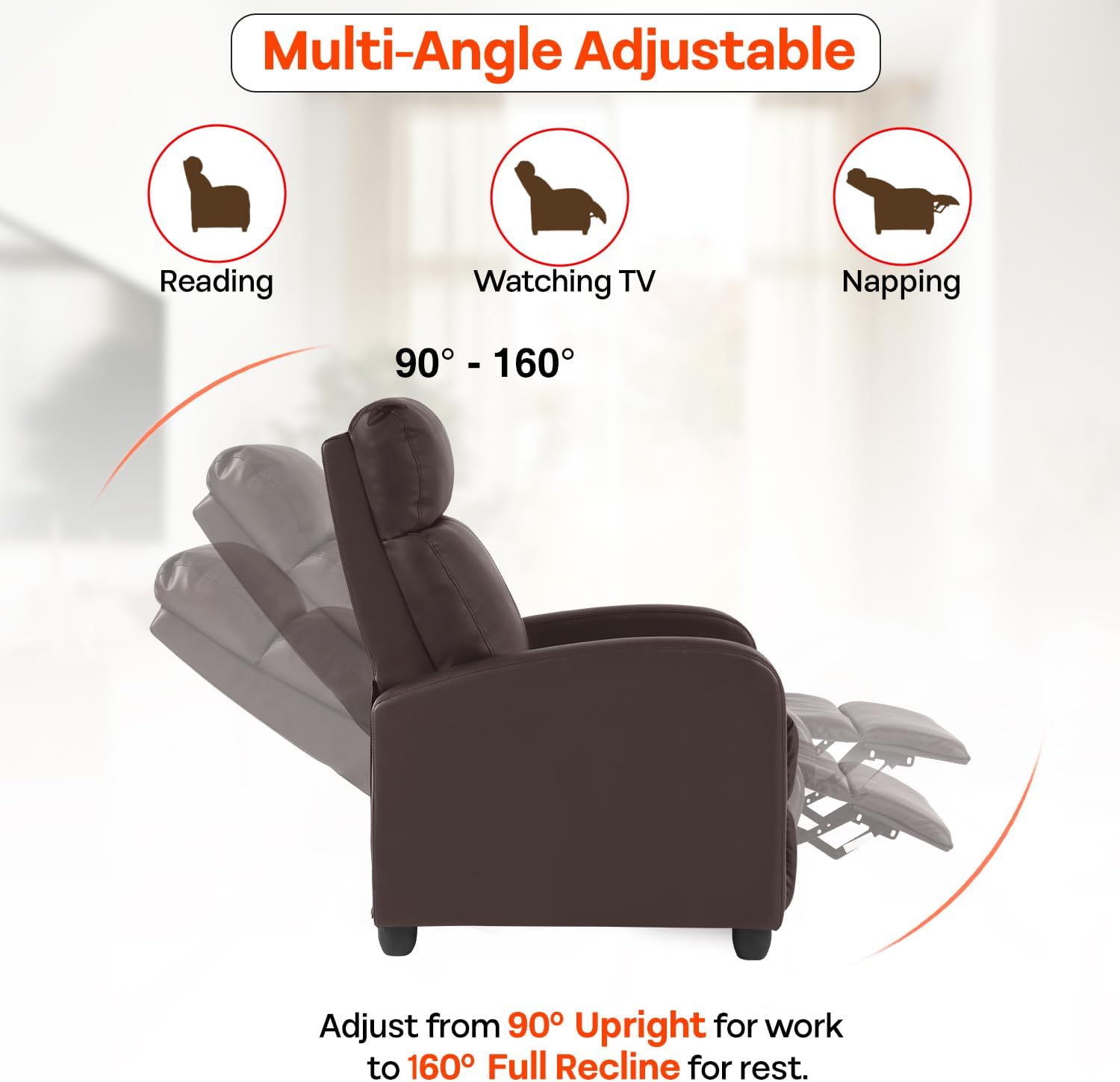 FDW Recliner Chair Massage Chair Reading Chair Reclining Sofa Home Theater Seating with Lumbar Support Massage and Padded Backrest for Living Room and Bedroom (Leather, Brown)