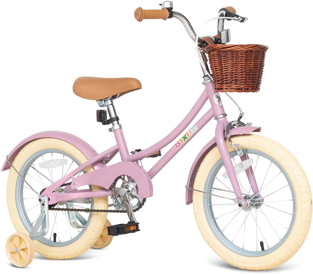 Bixike Retro Design Girls Bike with Basket and Coaster Brake for 3-13 Years Old Kids, 14 16 18 Inch Cruiser Bicycle for Toddlers with Training Wheels, 20 24 26 Inch with Kickstand, Multiple Colors