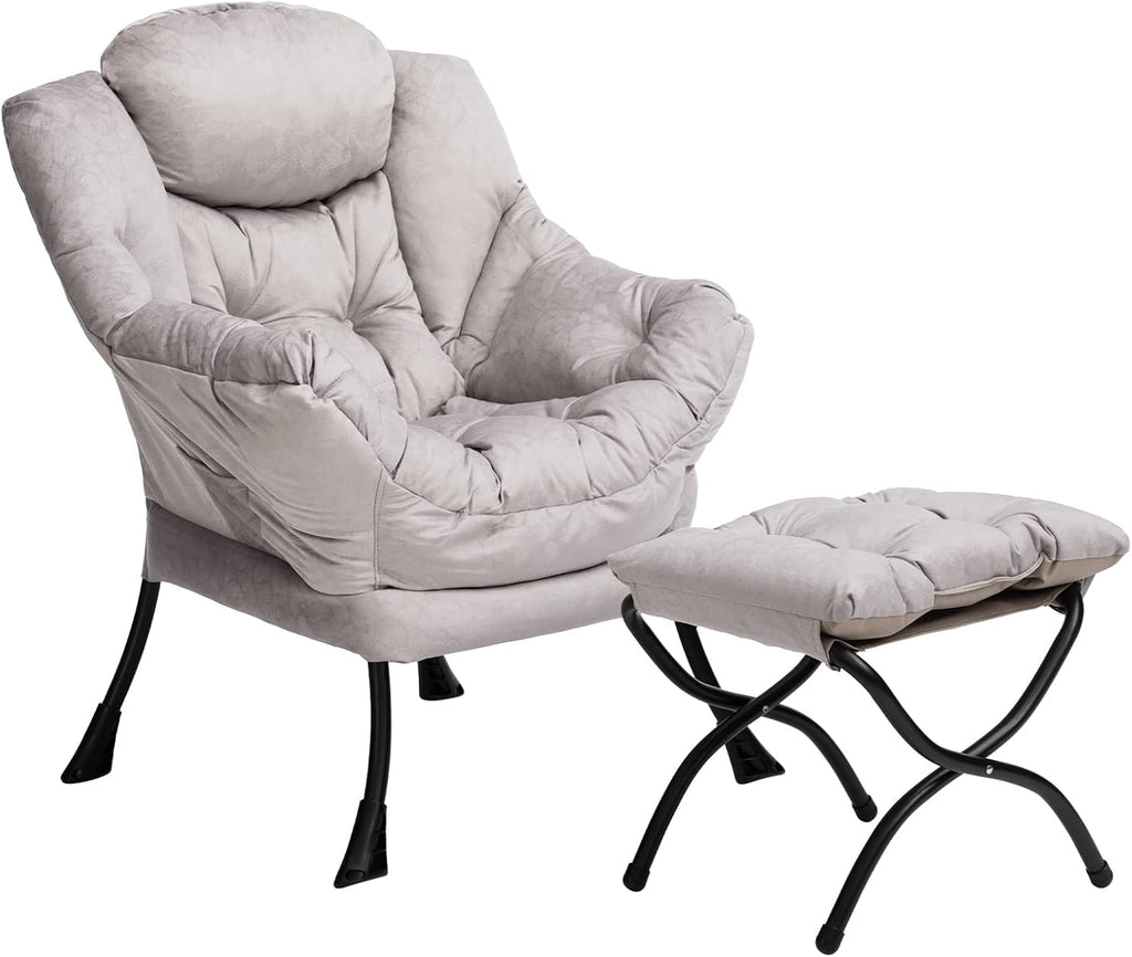 HollyHOME Lazy Chair with Foldable Ottoman, Accent Comfy Lounge Armchair and Folding Footrest Stool, Leisure Sofa Reading Chair and Footstool for Living Room, Bedroom, Dorm,Textured Grey