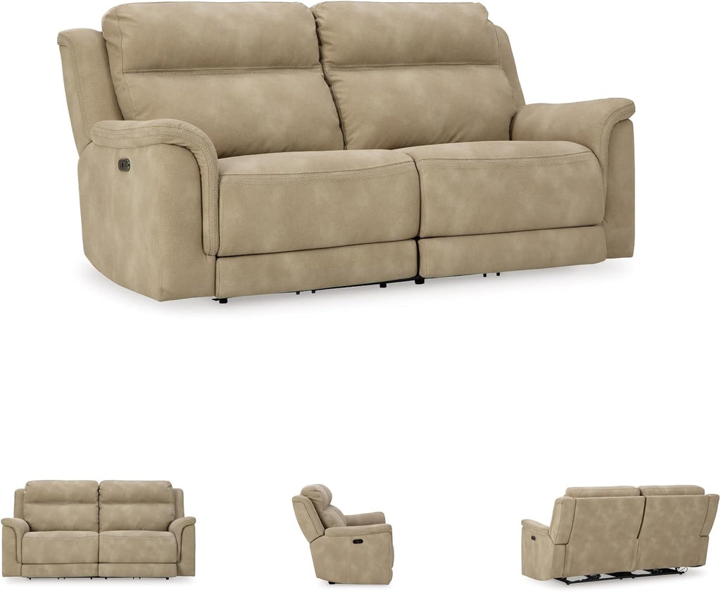 Signature Design by Ashley Next-Gen DuraPella Power Reclining Sofa with Adjustable Headrest, USB, Extended Ottoman, Faux Leather, 80' W x 42' D x 42' H, Beige Sand