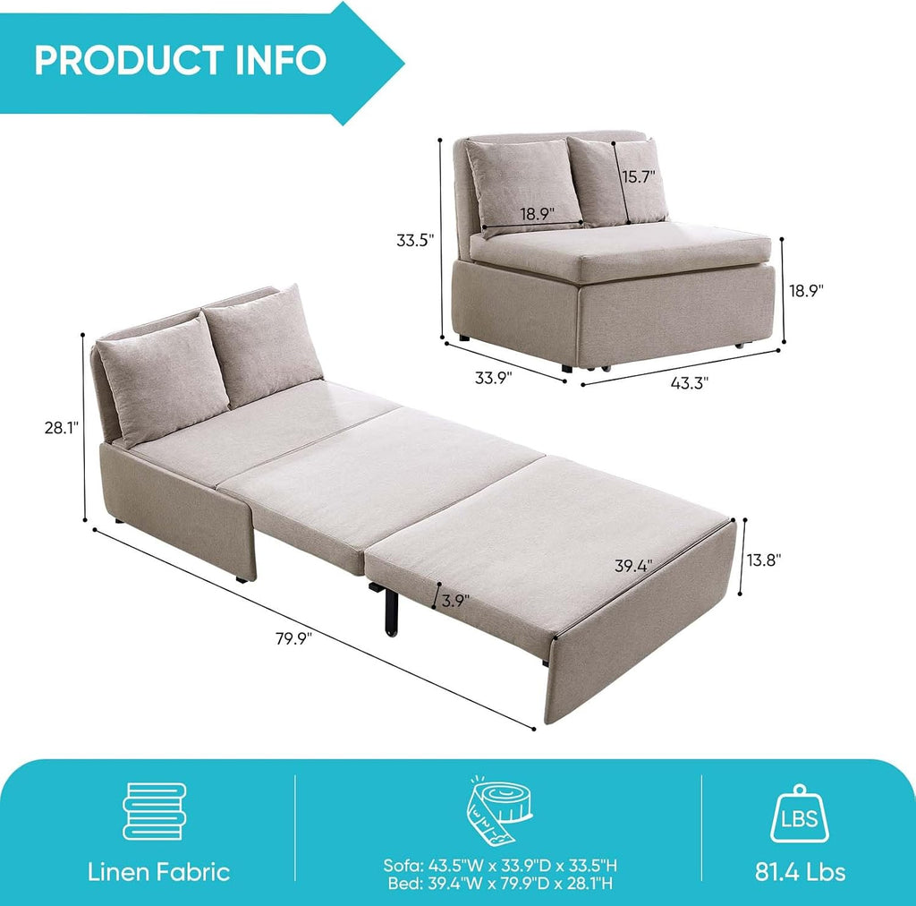CECER 43.3' Twin Size Pull Out Sofa Bed, Pull Out Couch Bed with 2 Pillows, Linen Convertible Sleeper Sofa with Foldable Mattress, 2 in 1 Armless Sleeper Sofa for Living Room (Beige)