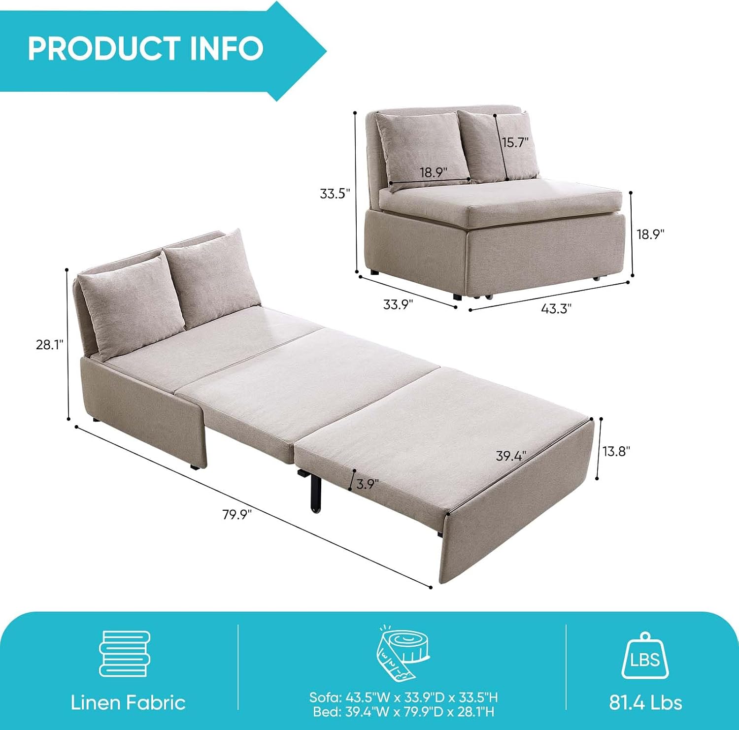 CECER 43.3' Twin Size Pull Out Sofa Bed, Pull Out Couch Bed with 2 Pillows, Linen Convertible Sleeper Sofa with Foldable Mattress, 2 in 1 Armless Sleeper Sofa for Living Room (Beige)