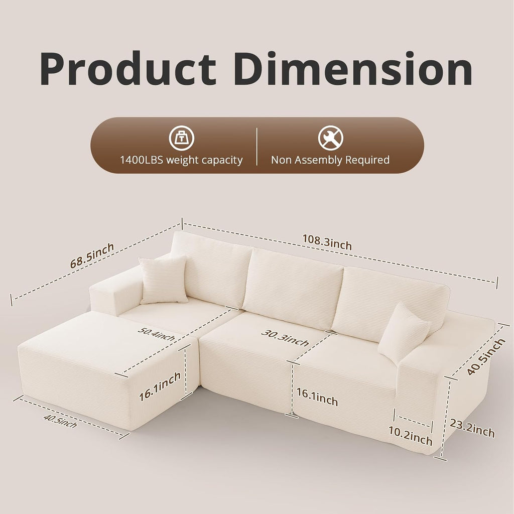 108' L-Shaped Boneless Couch, High Seat Modular Sectional Sofa with Moveable Ottoman, Corduroy Cloud Couches for Living Room, No Assembly, Ship in a Box, White