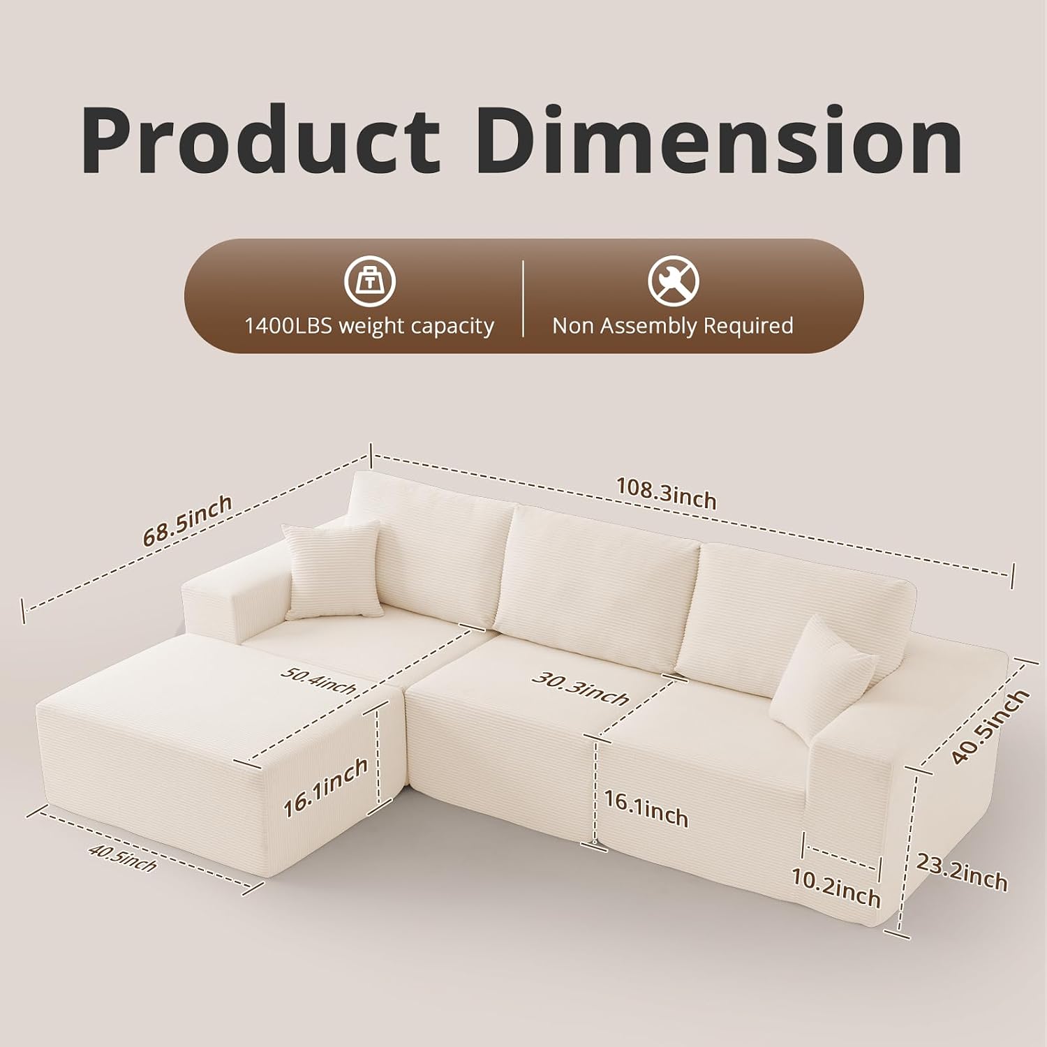 108' L-Shaped Boneless Couch, High Seat Modular Sectional Sofa with Moveable Ottoman, Corduroy Cloud Couches for Living Room, No Assembly, Ship in a Box, White