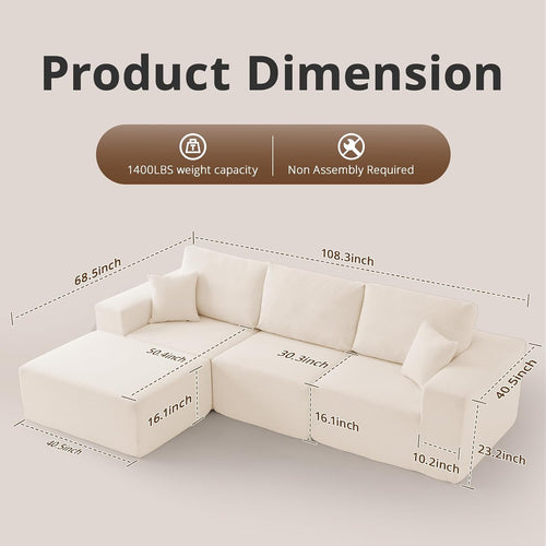 108' L-Shaped Boneless Couch, High Seat Modular Sectional Sofa with Moveable Ottoman, Corduroy Cloud Couches for Living Room, No Assembly, Ship in a Box, White