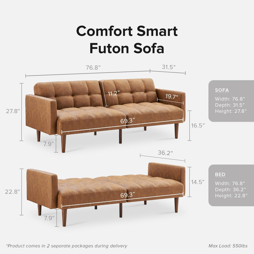 mopio 76.4' Futon Sofa Bed, Couch, Loveseat, Sleeper Sofa, Mid Century Modern Futon Couch, Sofa Cama, Couches for Living Room (Aaron PU, Pecan Brown)