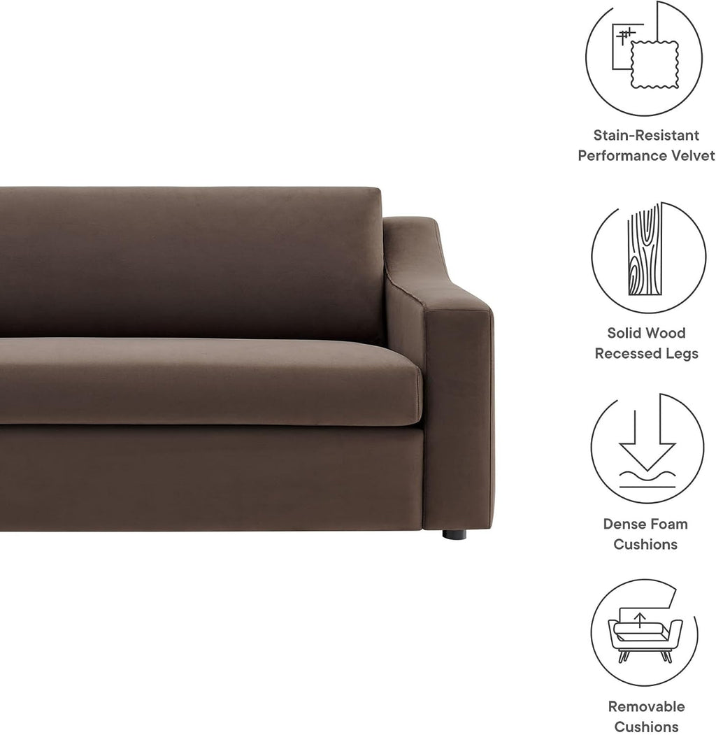 Modway Liora 87 Inch Stain-Resistant Performance Velvet Sofa in Chocolate Brown - 3 Seater Upholstered Sofa Couch for Living Room Seating - Comfy Deep Seat Sofa with Scoop Arms