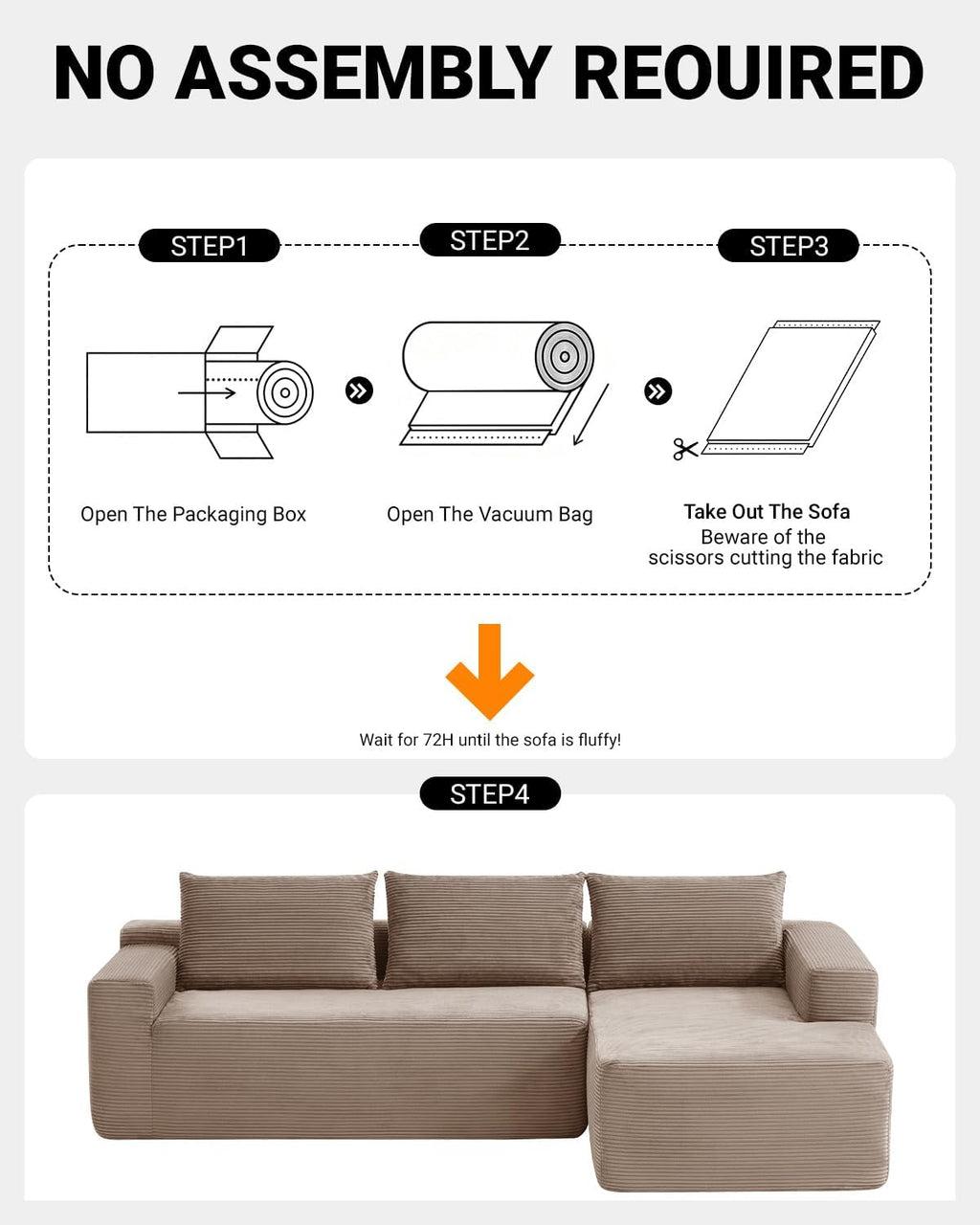 96 Inch Cloud Sectional Couch,Modern Modular Sectional Sofa with Deep Seat,Corduroy Boneless Couches with L-Shape Chaise for Living Room Bedroom,No Assembly Required (Camel, Right Facing Chaise)