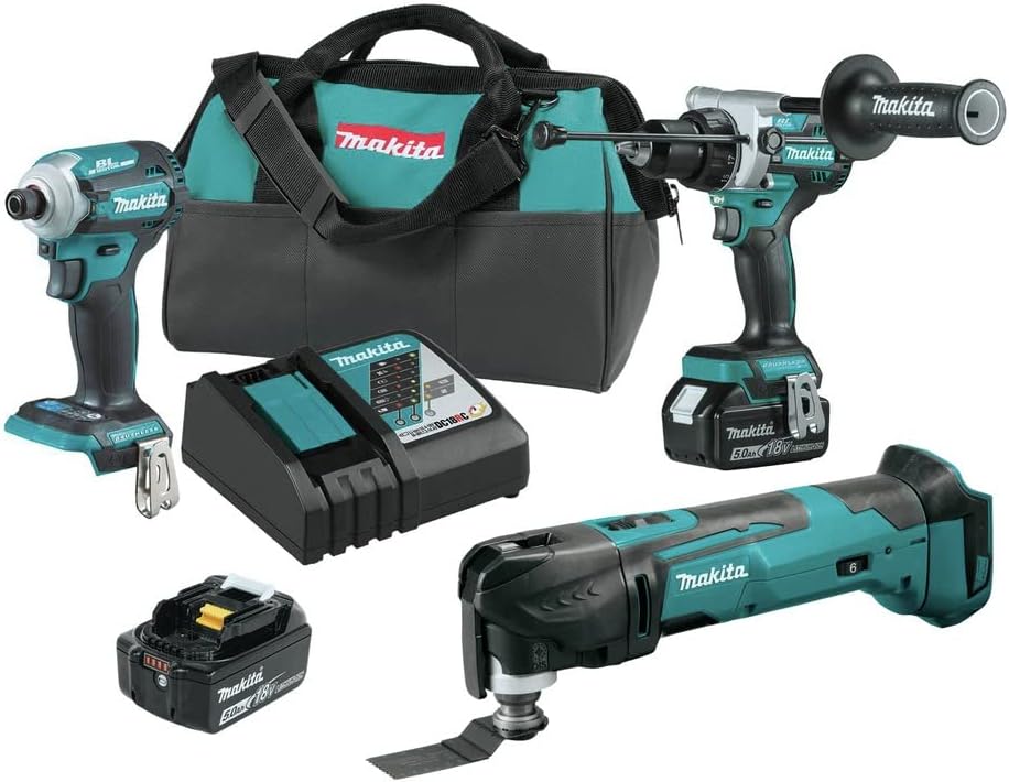 Makita XT288T-XMT03Z 18V LXT Brushed Oscillating Multi-Tool with Brushless 1/2 in. Hammer Drill Driver and 4-Speed Impact Driver Combo Kit with 2 Batteries Bundle (5 Ah)