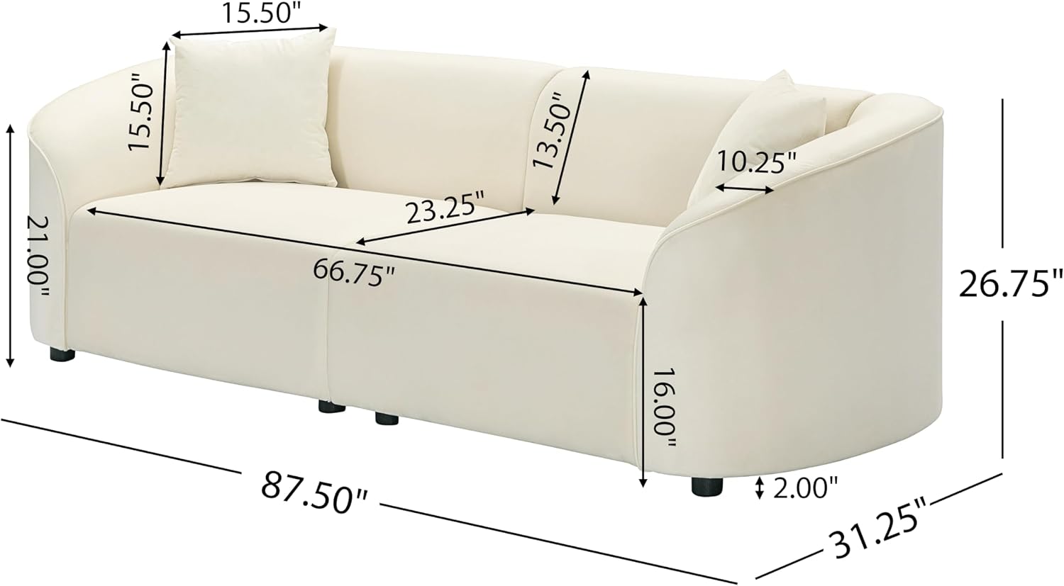 Christopher Knight Home 87.50' Velvet Curved Oversized 2 Seater Sofa, Upholstered Couch Chair, Soft Seating Lounge Sofa, Cozy Loveseat with Armrest, Reading Loveseat for Living Room, Home Rest, Cream