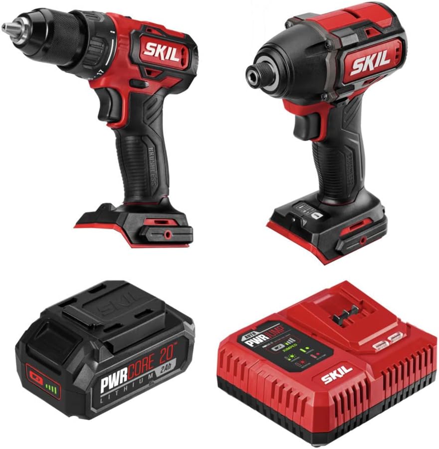 SKIL PWR CORE 20 Brushless 20V Drill Driver & Impact Driver Kit, Includes 2.0Ah Lithium Battery and PWR JUMP Charger - CB743701, Red
