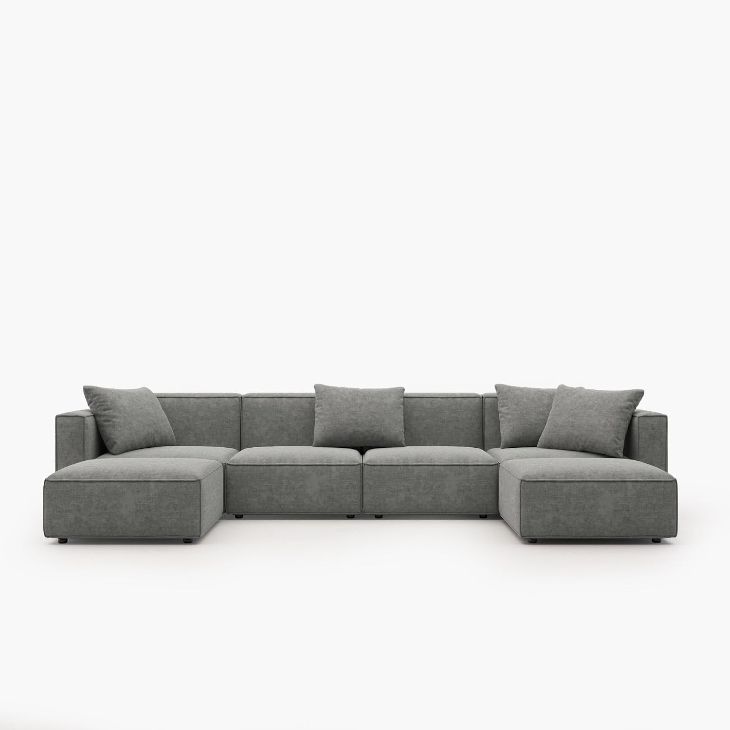 Acanva Luxury Modular Sectional Couch with Moveable Ottoman and Chaise, Modern Minimalist Style Sofa for Living Room, Apartments, U-Shape, Chenille Grey
