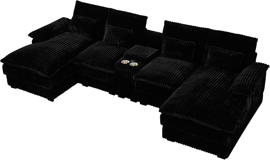 HYJT-H&K 124' U Shaped Cloud Couch Sectional, Comfy Fluffy Plush Corduroy Dark Black Sectional Couches for Living Room, Modern Modular Corduroy Couch Sectionals with Central Console & Double Chaise