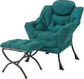 MBOOYOME Lazy Chair with Folding Ottoman, Modern Accent Armchair with Armrests and a Side Pocket & Foldable Footstool, Reading Chair for Living Room, Bedroom, Dorm & Office, Dark Green