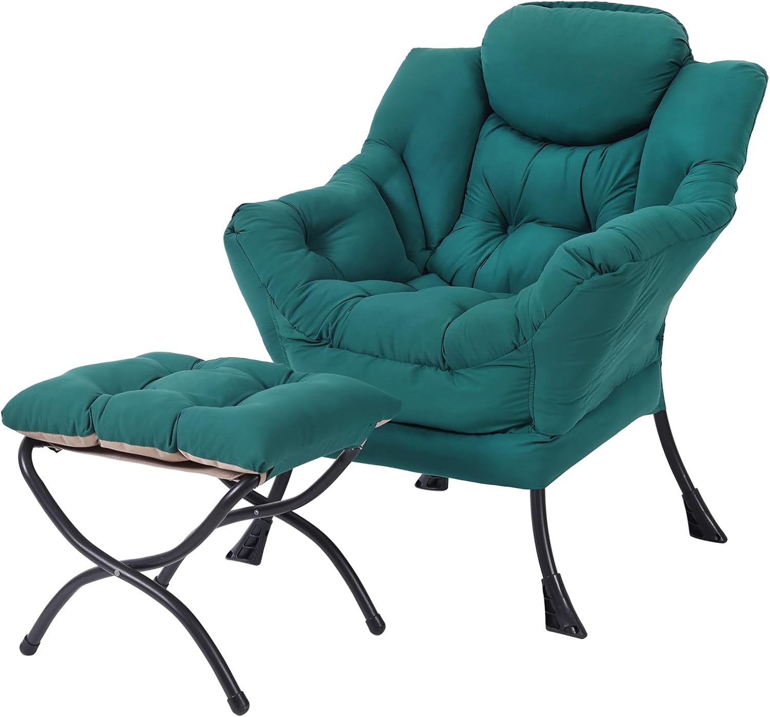 MBOOYOME Lazy Chair with Folding Ottoman, Modern Accent Armchair with Armrests and a Side Pocket & Foldable Footstool, Reading Chair for Living Room, Bedroom, Dorm & Office, Dark Green